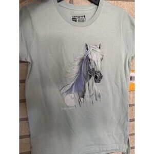 Carhartt T-Shirt Girls Short Sleeve Shirt Blue Green Horse Graphic Print Youth